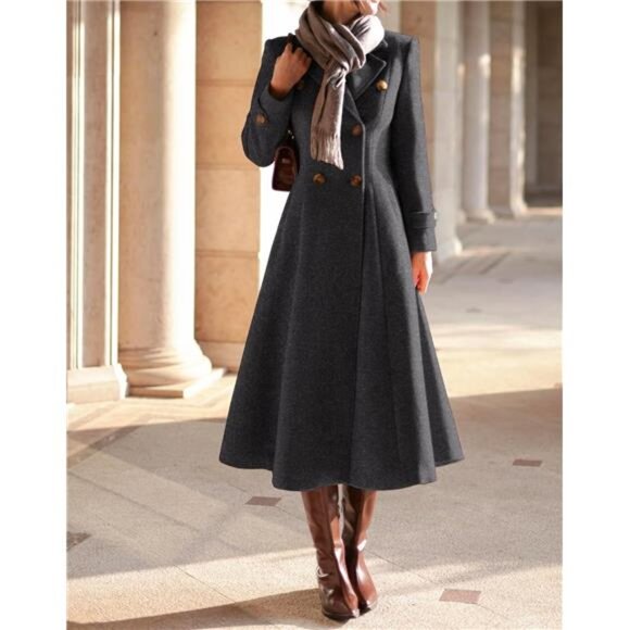 Womens Long Coat, Double Breasted Trench Coat Charcoal